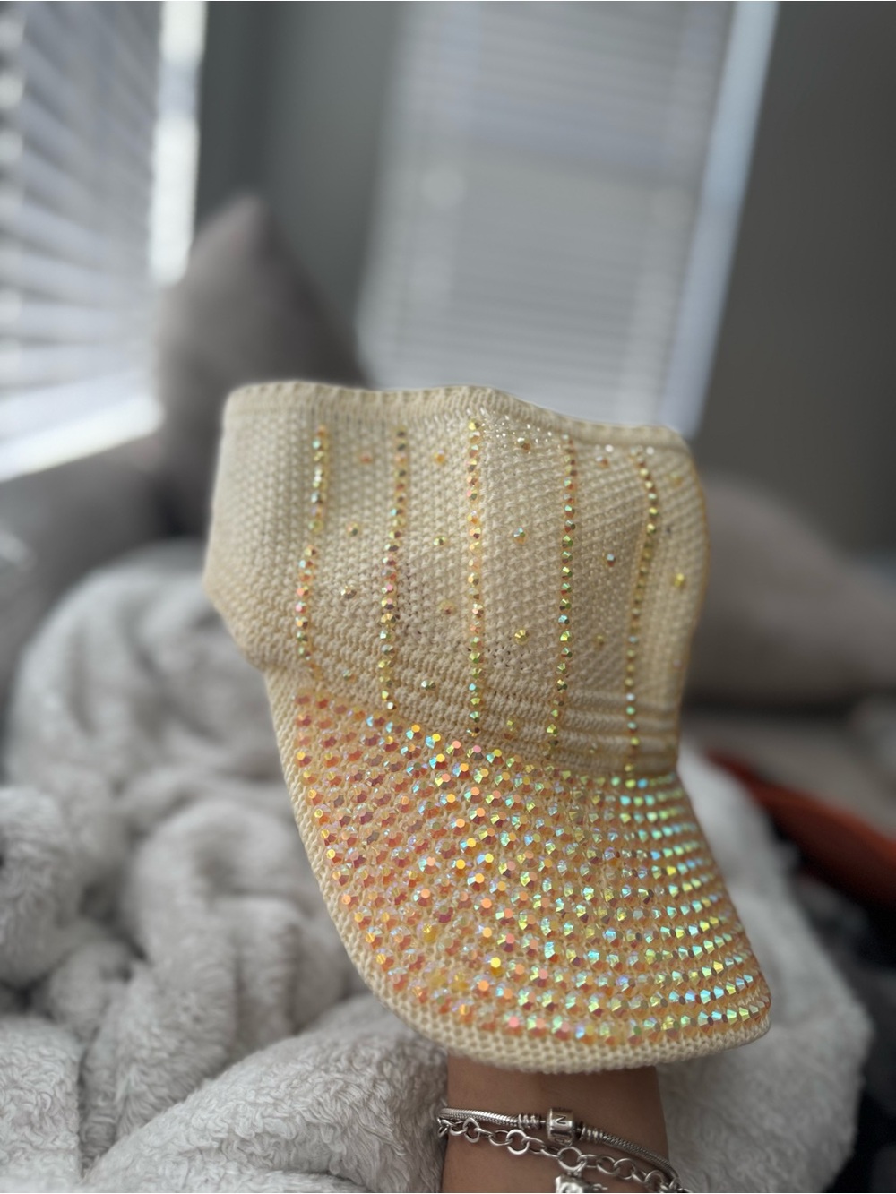 Sparkle Knit Visor Hat - Cream with Iridescent Gems